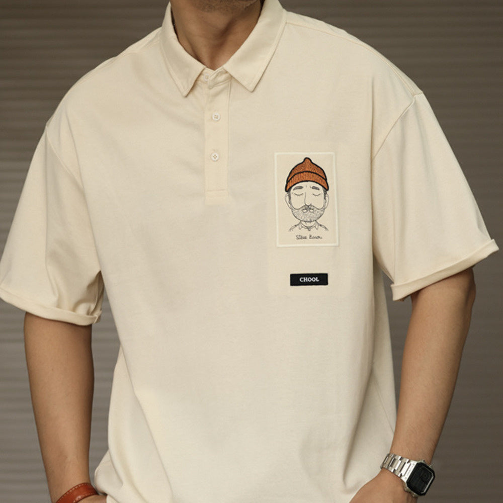 日系納瓦霍重工刺繡半袖POLO衫男夏季寬鬆休閒翻領短袖T恤