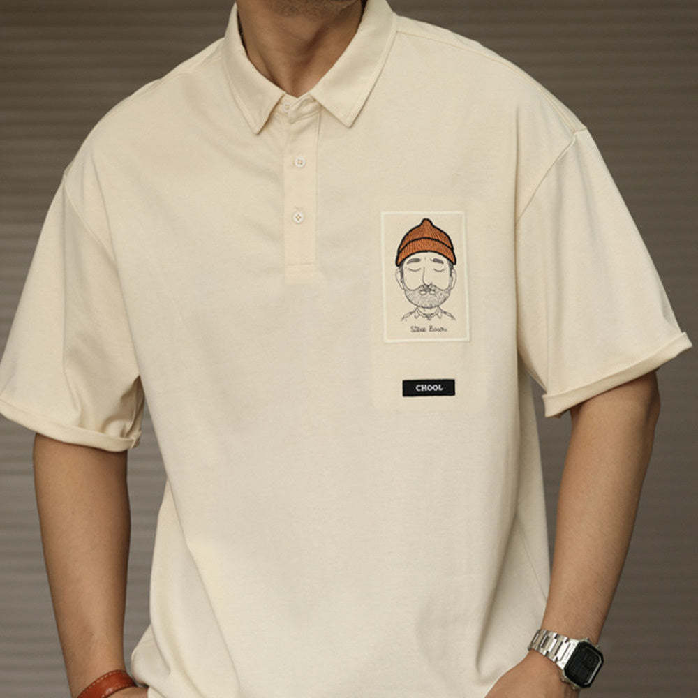 日系納瓦霍重工刺繡半袖POLO衫男夏季寬鬆休閒翻領短袖T恤