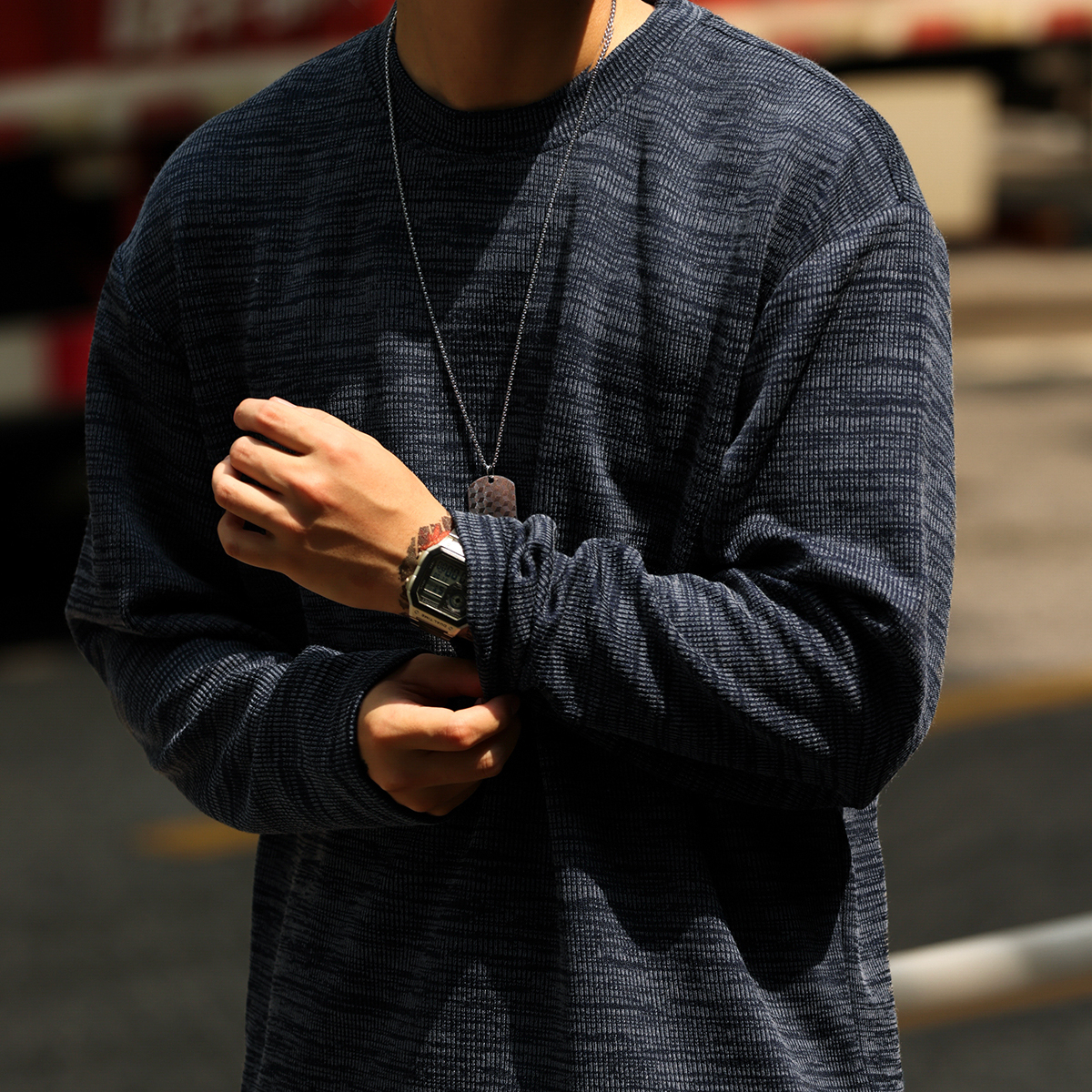 美式復古300g重磅長袖T恤男慵懶感色織紋理休閒打底衫