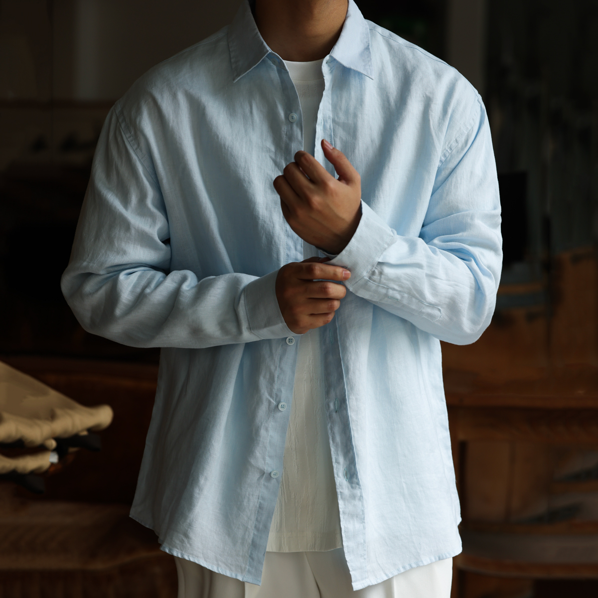 美式休閒100%亞麻長袖襯衫男透氣鬆弛感老錢襯衣外套秋