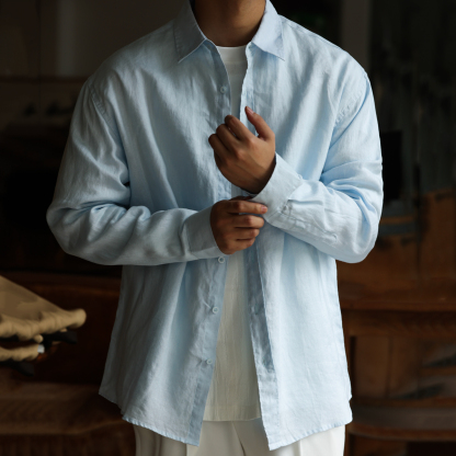 美式休閒100%亞麻長袖襯衫男透氣鬆弛感老錢襯衣外套秋