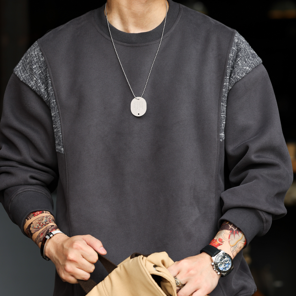 美式復古毛織拼接圓領衛衣男420g重磅設計感休閒上衣秋