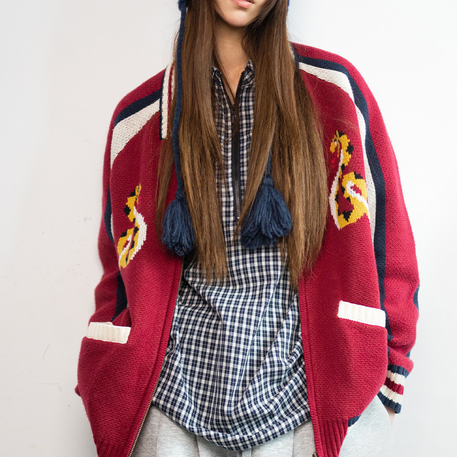 美式復古紅色耶誕節寬鬆拉鍊針織開衫外穿毛衣外套上衣秋冬女