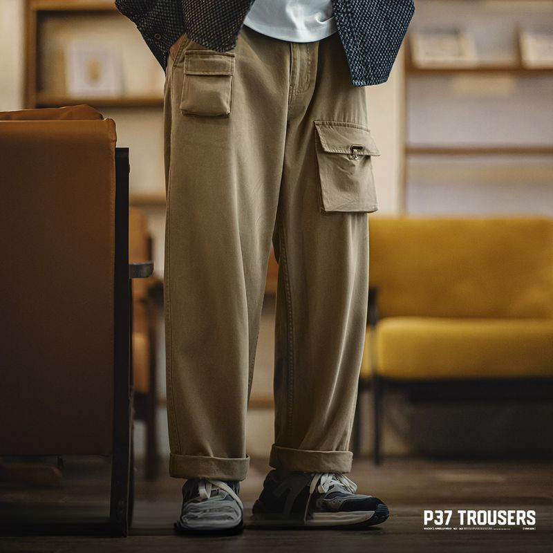 美式復古多口袋P37休閒褲軍事風寬鬆純棉直筒長褲子男秋-Retro's Wear
