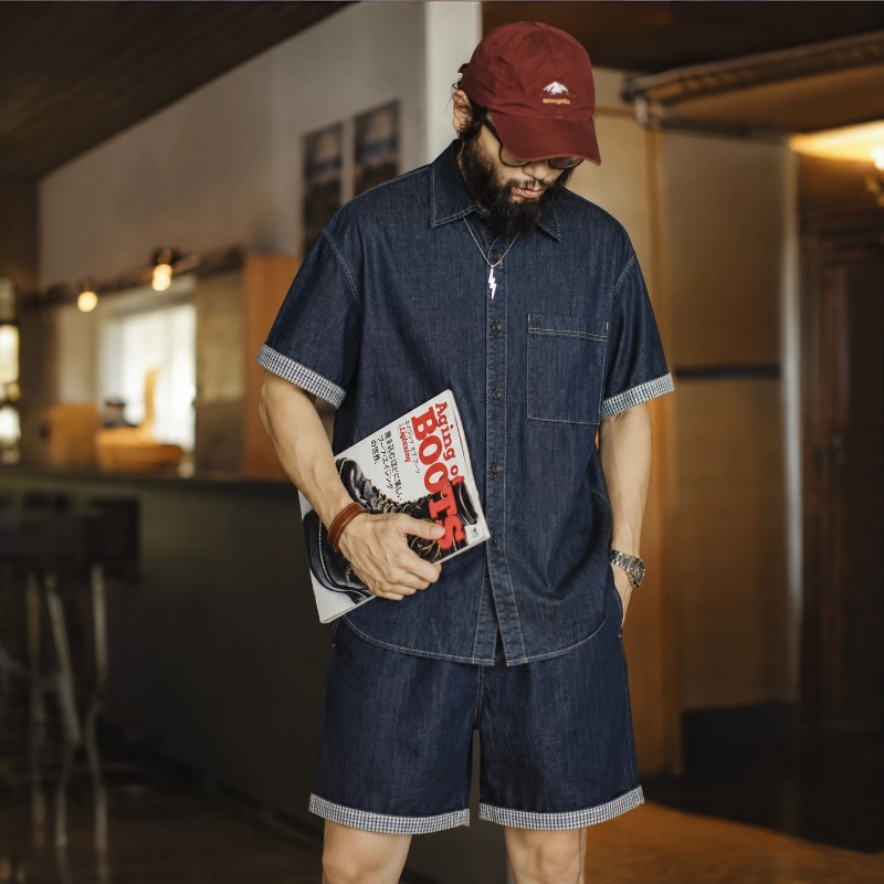 夏季新款男士牛仔套裝休閒短袖襯衫牛仔短褲兩件套