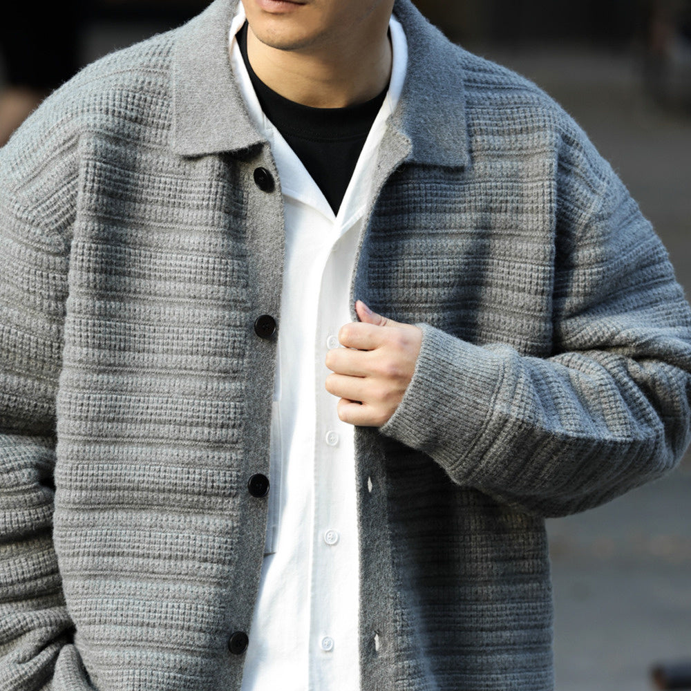 美式慵懶風翻領開衫毛衣男重工肌理加厚保暖外穿針織外套冬-Retro's Wear