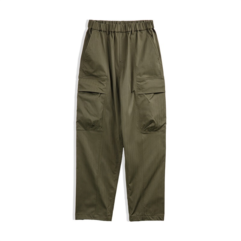 美式復古多口袋人字紋休閒褲vibe軍綠色直筒長褲男春季-Retro's Wear