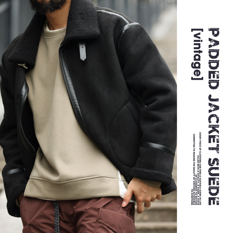美式復古拼接麂皮絨棉衣外套男加厚保暖羊羔絨機車夾克
