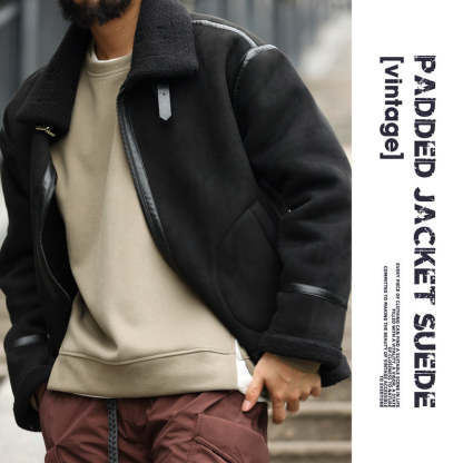 美式復古拼接麂皮絨棉衣外套男加厚保暖羊羔絨機車夾克