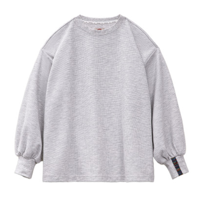 華夫格燈籠袖長袖t恤衛衣寬鬆外穿套頭落肩圓領上衣秋款女