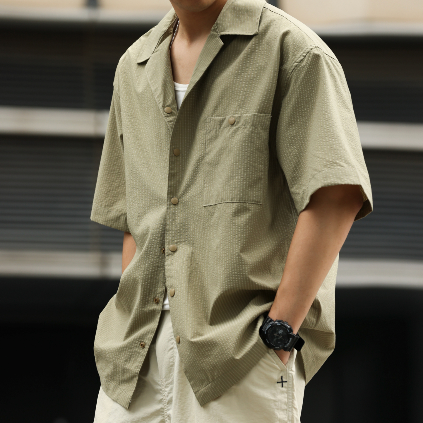 美式120g無氨四面彈格紋短袖襯衫男凉感速幹透氣襯衣夏