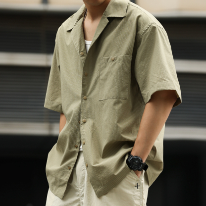 美式120g無氨四面彈格紋短袖襯衫男凉感速幹透氣襯衣夏
