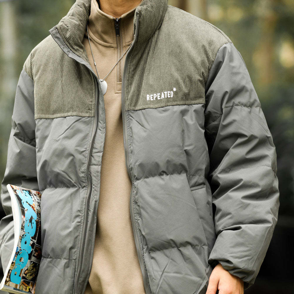 冬季新款立領羽絨服男短款90白鴨絨保暖加厚拼接麵包服外套-Retro's Wear