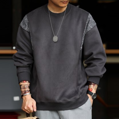 美式復古毛織拼接圓領衛衣男420g重磅設計感休閒上衣秋