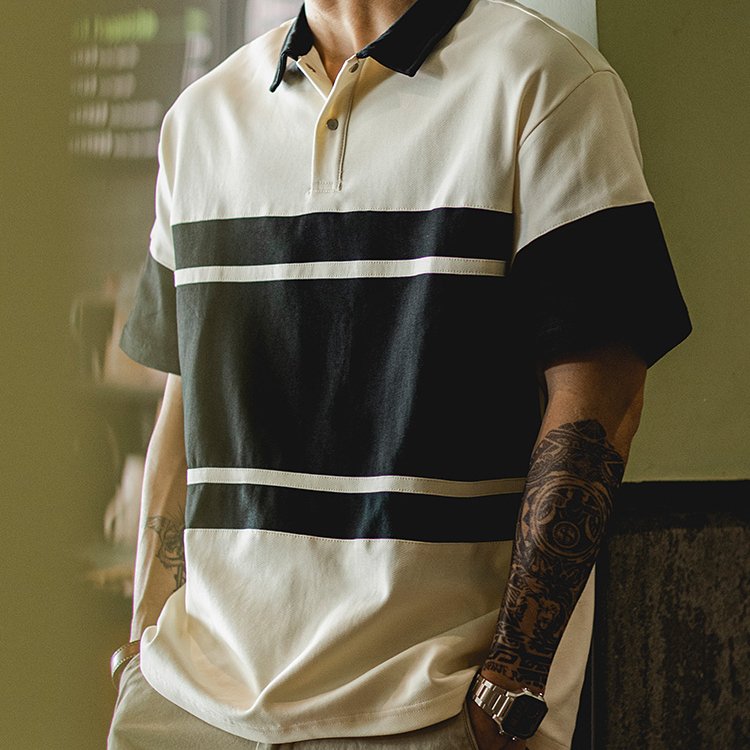 美式復古polo衫短袖男夏季2025新款撞色彈力上衣寬鬆拼接男士t恤