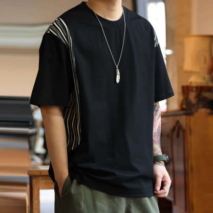 美式休閒提花條紋拼接短袖T恤男寬鬆200g凉感圓領打底衫