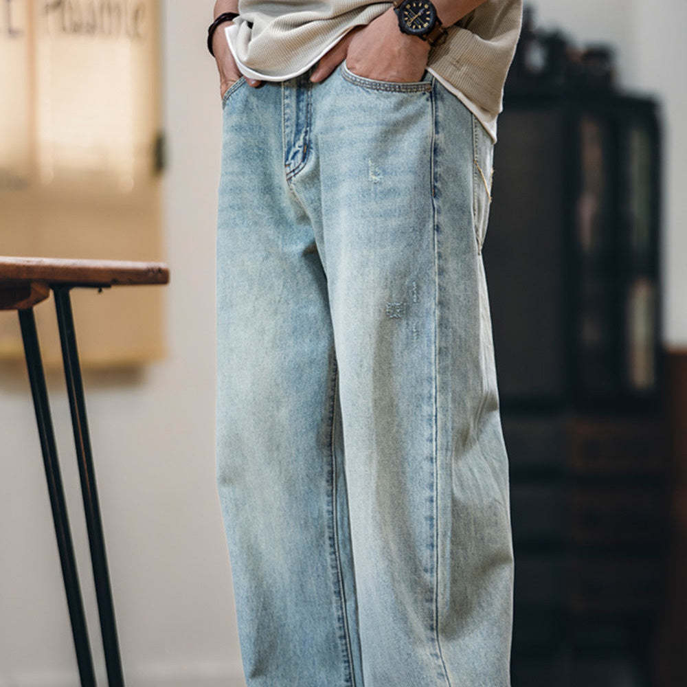 萊賽爾美式直筒牛仔褲男春夏2025新款復古水洗淺藍色男士寬鬆褲子