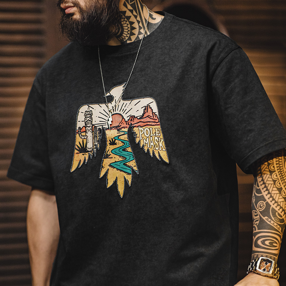 美式復古印第安雷鳥T恤棉重磅民族風刺繡印花短袖男夏季