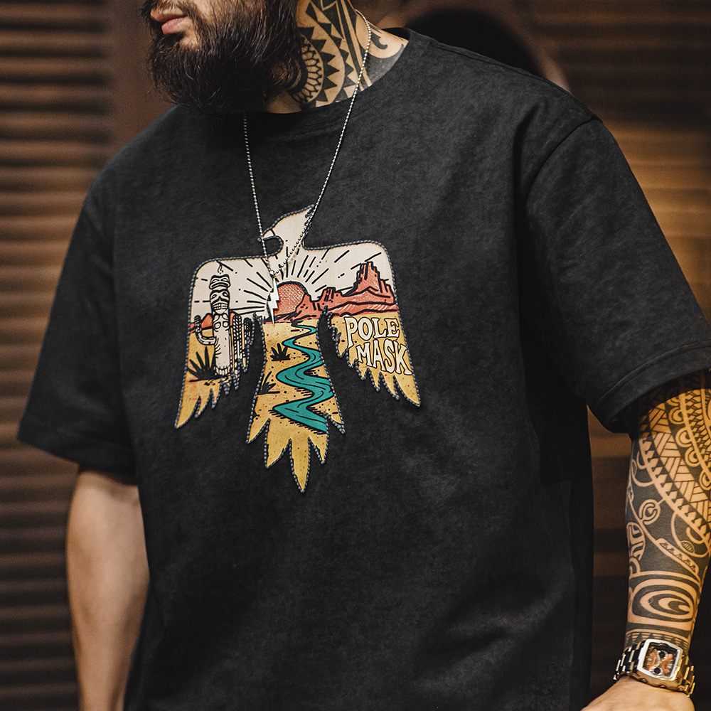 美式復古印第安雷鳥T恤棉重磅民族風刺繡印花短袖男夏季