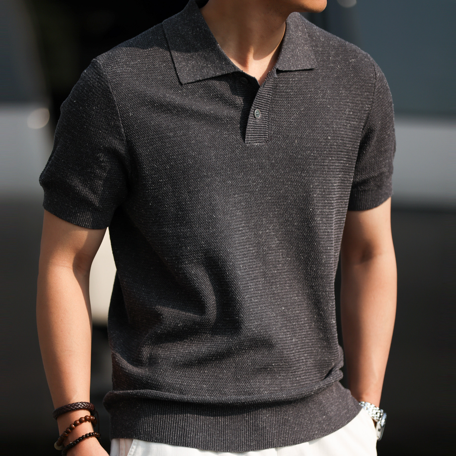 天絲亞麻短袖POLO衫男基礎款透氣休閒萊賽爾針織翻領T恤