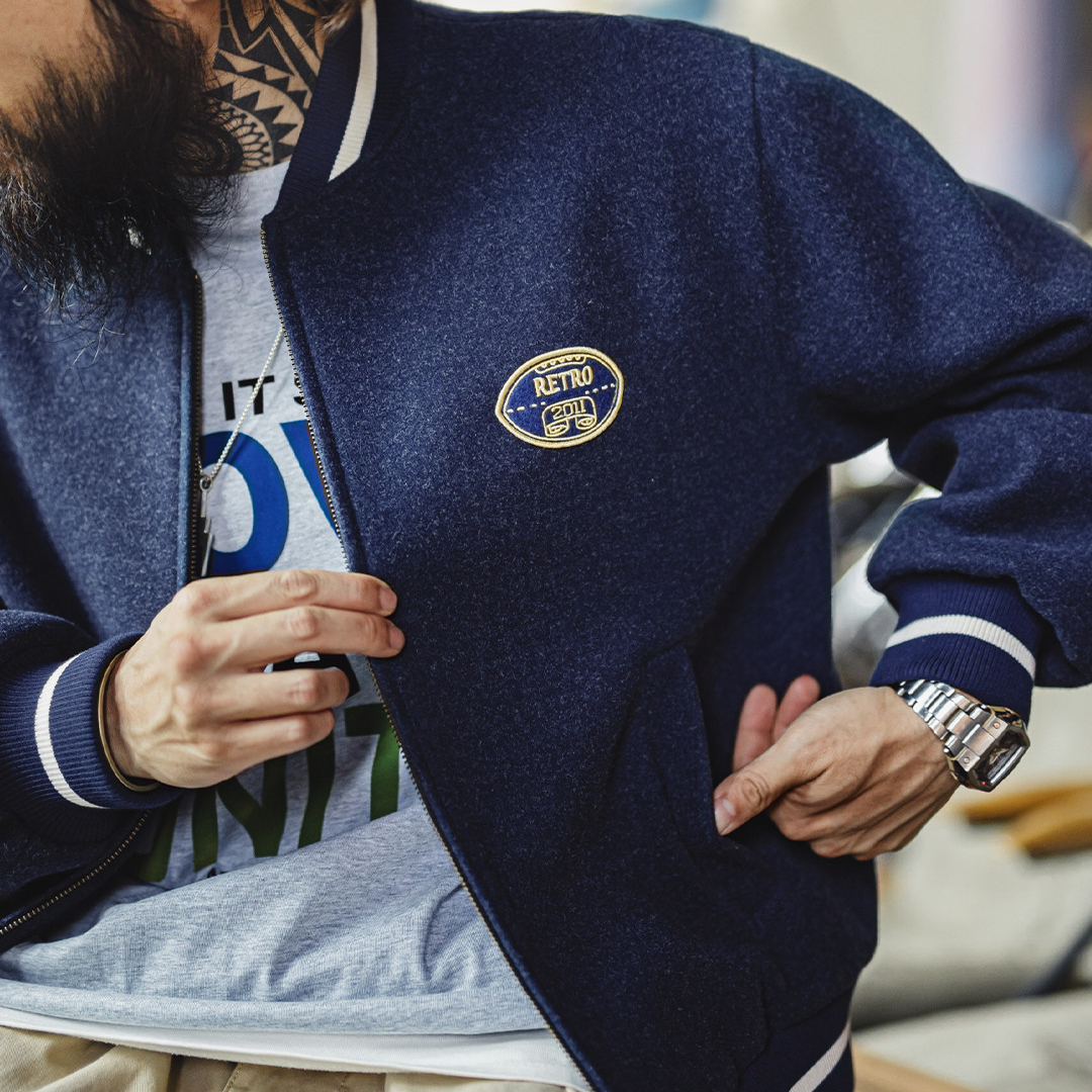 美式復古藍色針織棒球服夾克痞帥刺繡撞色短款外套男士秋