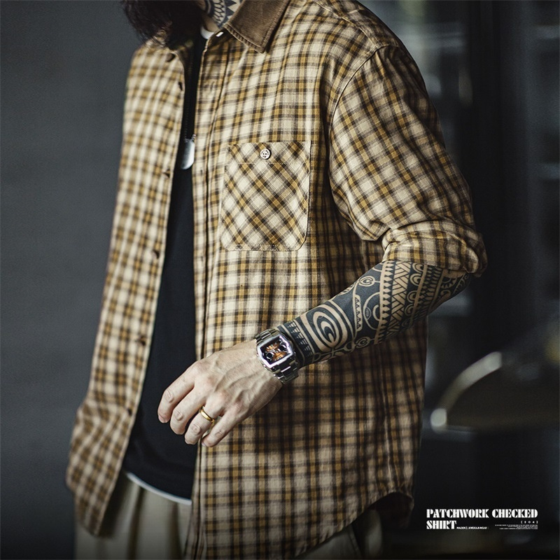 美式復古蘇格蘭格紋長袖襯衫燈芯絨拼接翻領格子襯衣男秋-Retro's Wear
