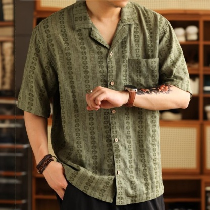 美式復古波西米亞短袖襯衣男夏威夷休閒度假古巴領襯衫