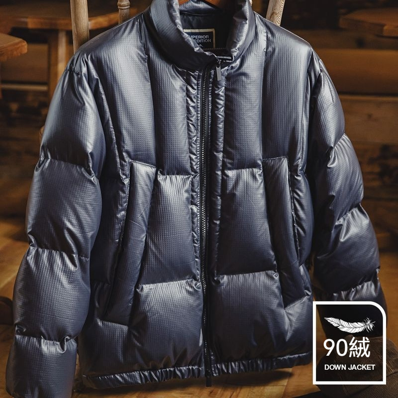 美式休閒小方格90白鴨絨羽絨服保暖立領麵包服外套男秋冬-Retro's Wear