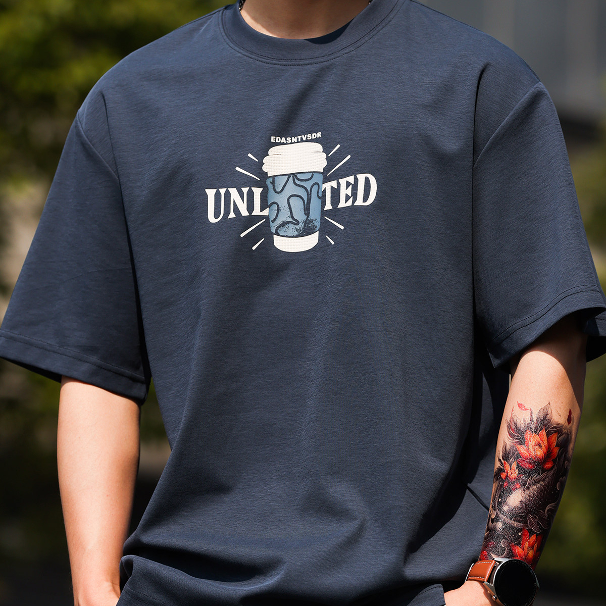 美式休閒200g輕量感抗皺印花T恤男士夏季親膚速幹打底衫