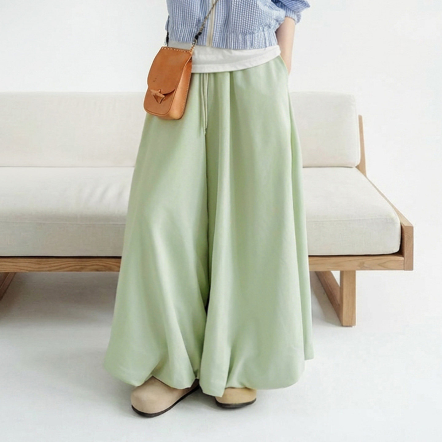 桃皮絨垂感糯米花苞燈籠裙褲闊腿寬鬆緊腰抽繩休閒長褲子女春