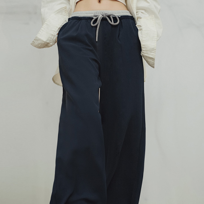 美式抽繩鬆緊腰闊腿褲寬鬆顯瘦直筒休閒長褲垂墜感拖地褲秋女-Retro's Wear