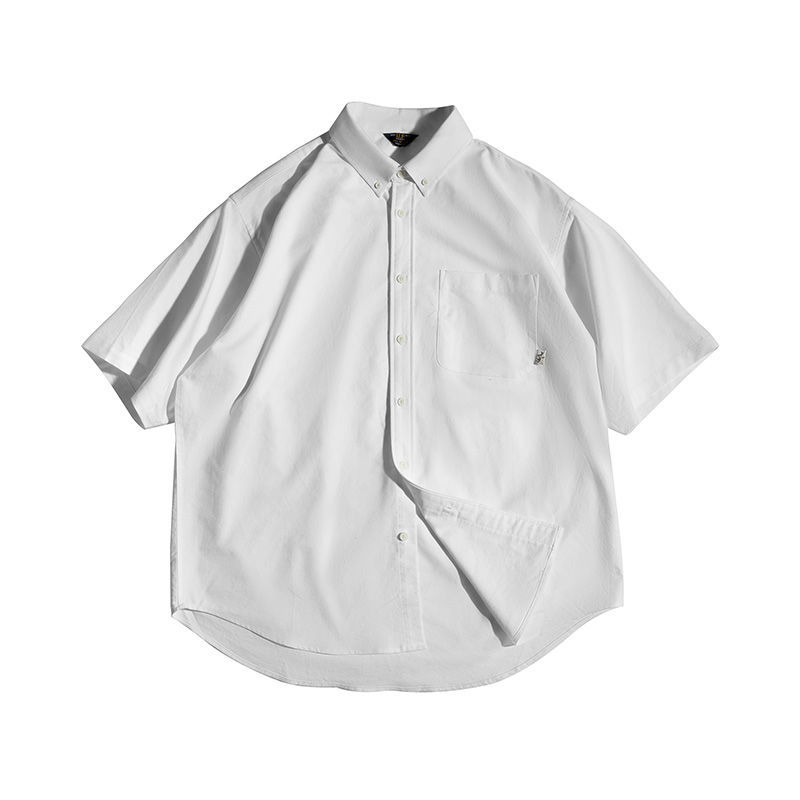 美式復古oversize白色疊穿短袖襯衫寬鬆cityboy襯衣男夏