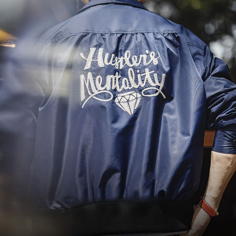 美式復古海軍藍刺繡夾克字母翻領拉鍊尼龍休閒外套男秋冬