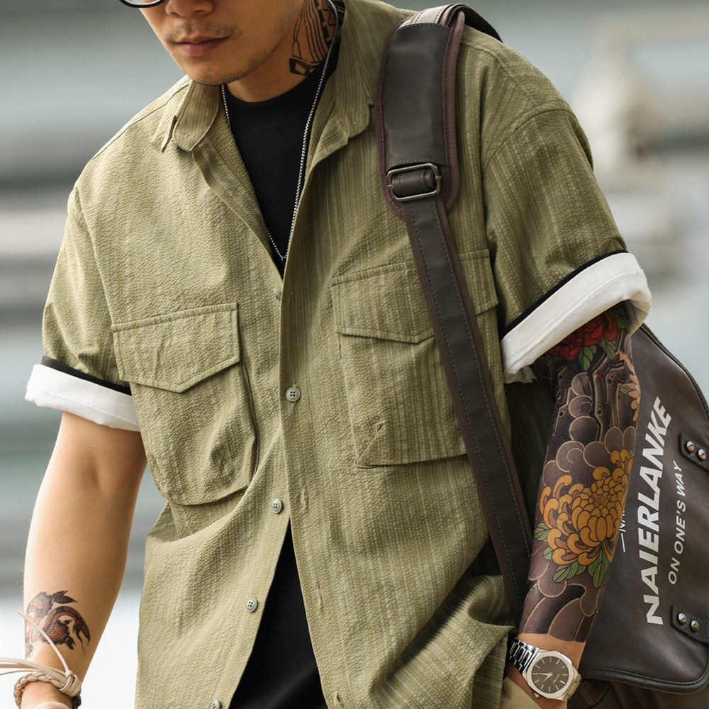 美式復古泡泡紗短袖襯衫男雙口袋暗紋翻領120g工裝襯衣