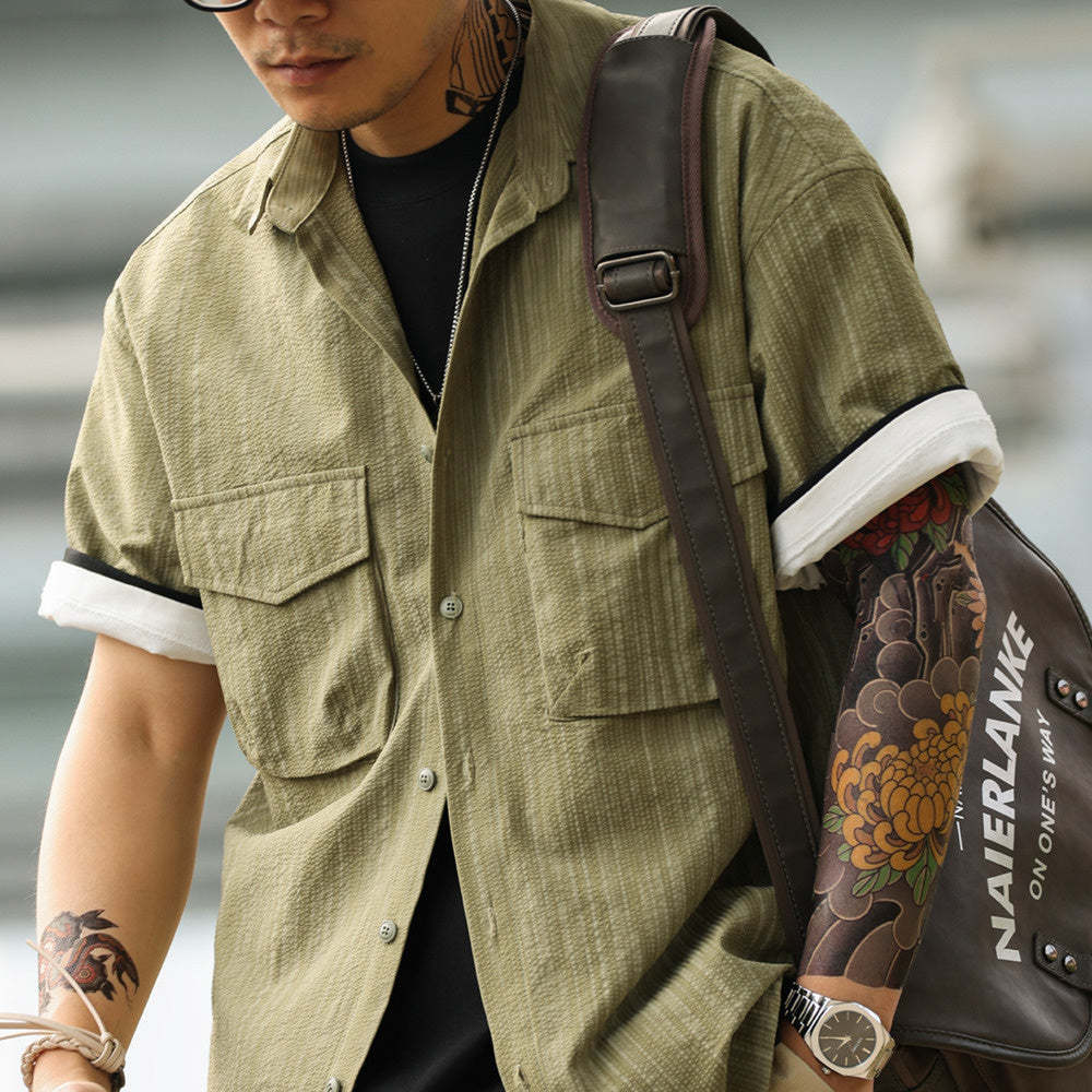 美式復古泡泡紗短袖襯衫男雙口袋暗紋翻領120g工裝襯衣