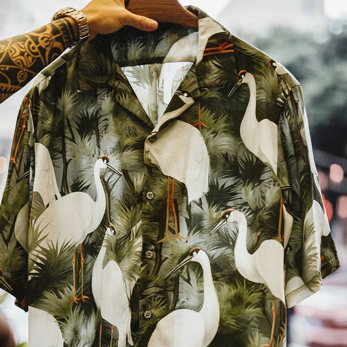 復古港風仙鶴花襯衫古巴領浮世繪天絲夏威夷短袖襯衣男夏