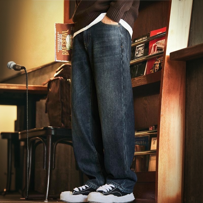 美式復古水洗直筒加絨牛仔褲男2025冬季新款寬鬆加厚百搭休閒長褲