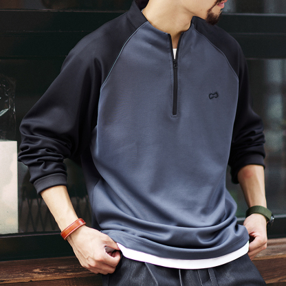 美式休閒半拉鍊撞色衛衣男2025秋季新款cityboy寬鬆插肩袖上衣