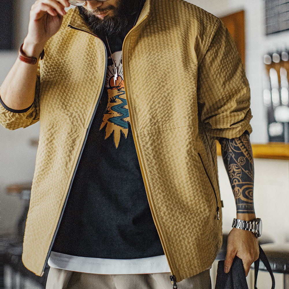 美式休閒戶外山系夾克肌理感透氣防風立領薑黃外套男春夏