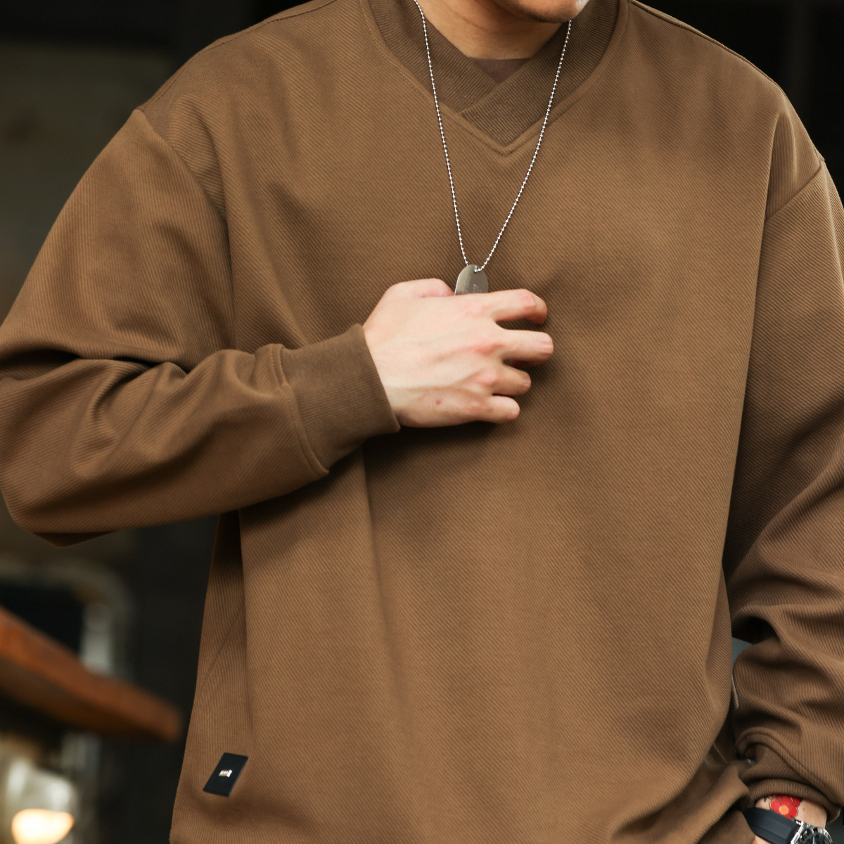 美式復古交疊小V領衛衣男380g斜紋肌理感休閒套頭上衣秋