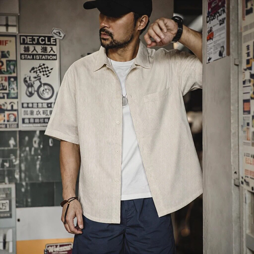 日系純棉復古細條紋襯衫男士夏季工裝休閒口袋短袖上衣