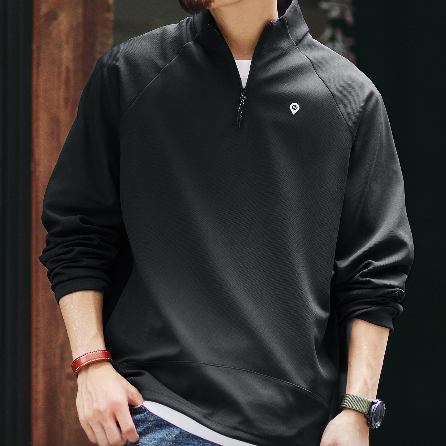 立領防風半拉鍊長袖衛衣男2025秋季新款寬鬆cityboy插肩外套