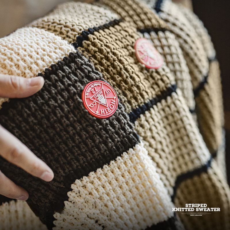 美式復古撞色鳳梨條紋毛衣肌理感套頭圓領打底針織衫男秋-Retro's Wear
