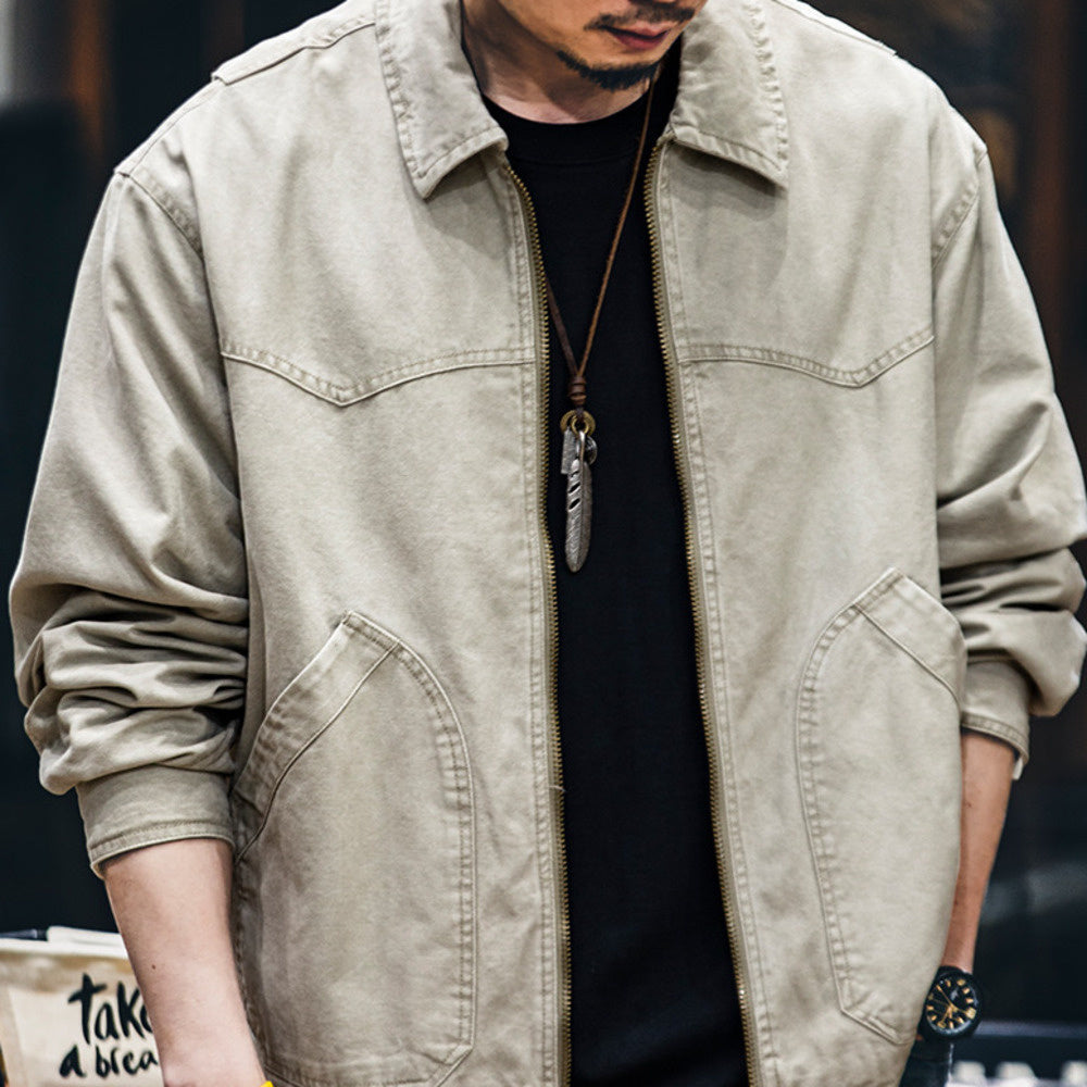 30g純棉重磅帆布復古夾克男春季2025新款美式做舊翻領機車外套男
