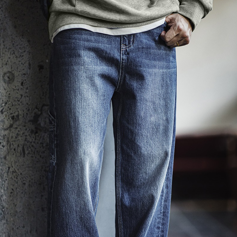 美式復古磨白伐木牛仔褲水洗丹寧寬鬆純棉直筒長褲子男夏-Retro's Wear
