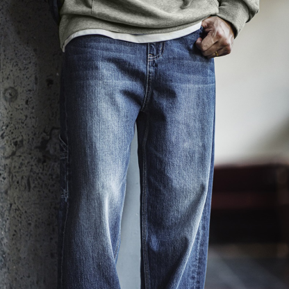美式復古磨白伐木牛仔褲水洗丹寧寬鬆純棉直筒長褲子男夏-Retro's Wear