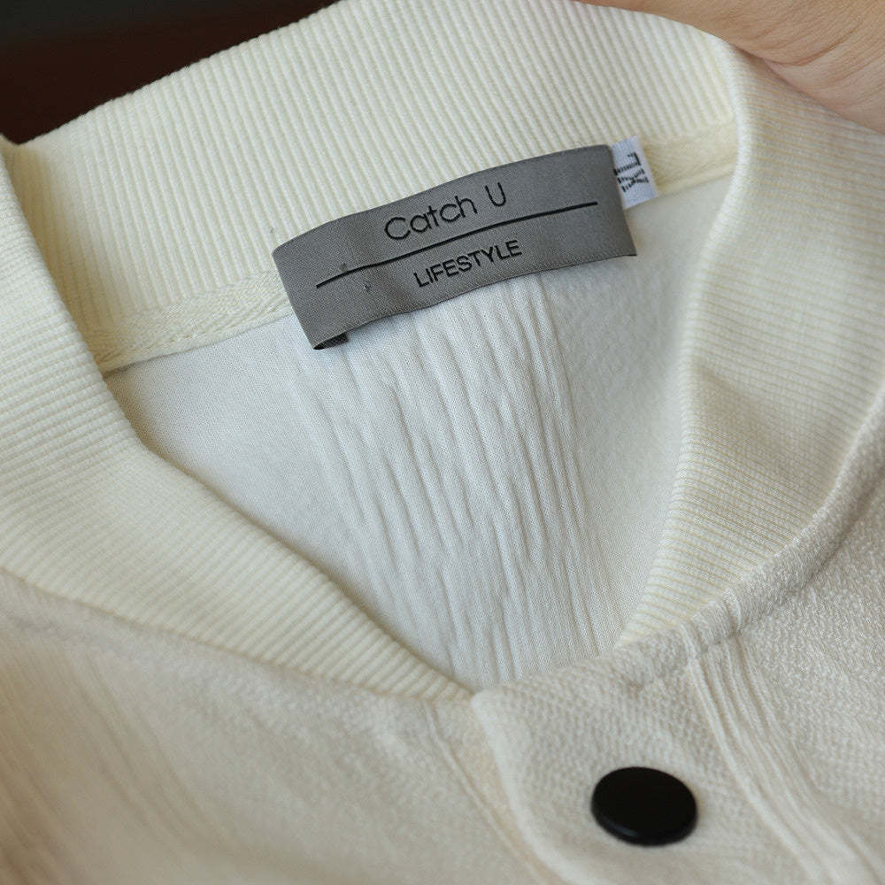 美式休閒重磅提花紋理衛衣男鬆弛設計感寬鬆棒球領套頭衫秋-Retro's Wear