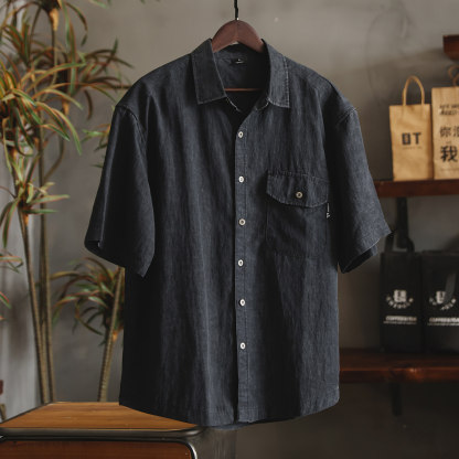美式工裝短袖襯衫男夏季款寬鬆復古廓形垂感襯衣翻領透氣半袖外套