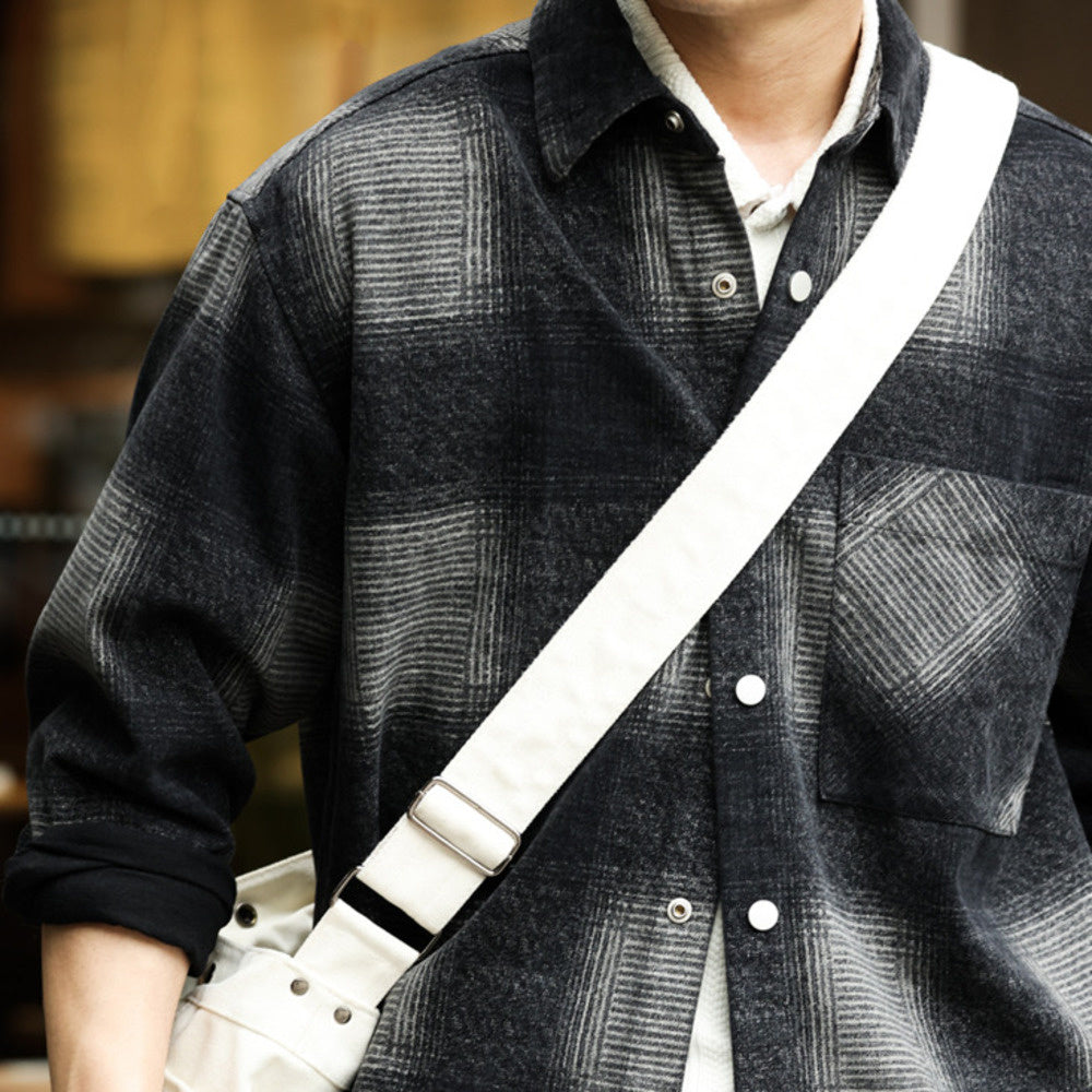 日系復古奇卡諾長袖仿毛呢襯衫男暈染撞色格紋磨毛寸衫外套-Retro's Wear