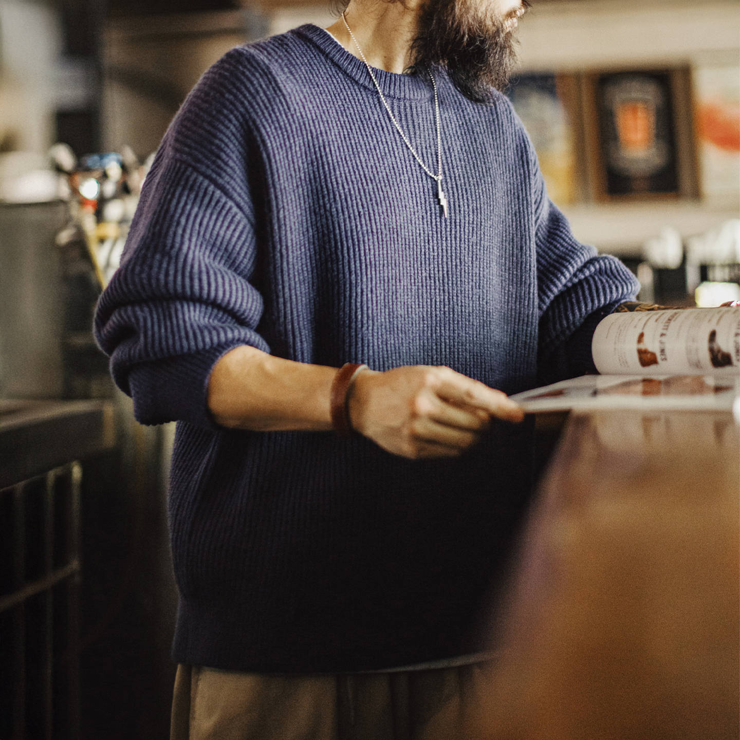 美式藍色坑條毛衣圓領套頭垂感外穿條紋上衣針織外套男冬